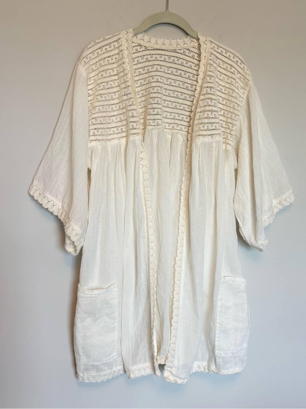 Vintage White Kimono Cardigan Lace Trim Open Front Duster Cover Up L